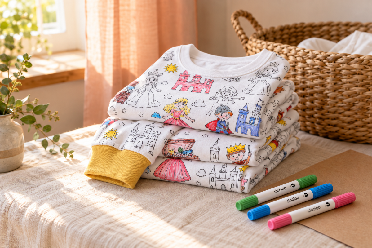 Folded Princess Palace coloring pajamas and Clooloo markers in warm natural light